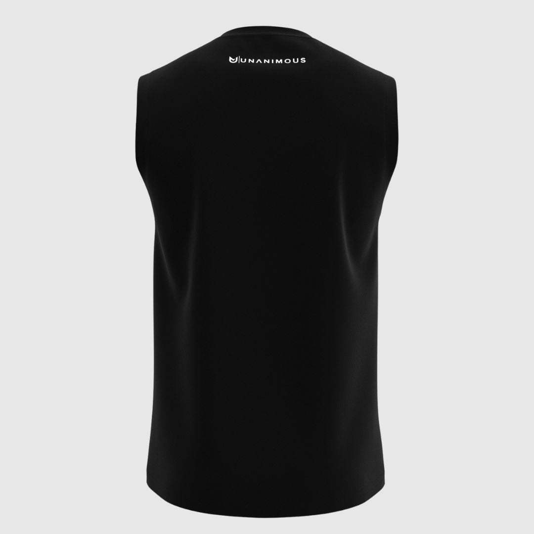 Back view of Men Performance Sleeveless T-Shirt black with racer-back design for freedom of movement