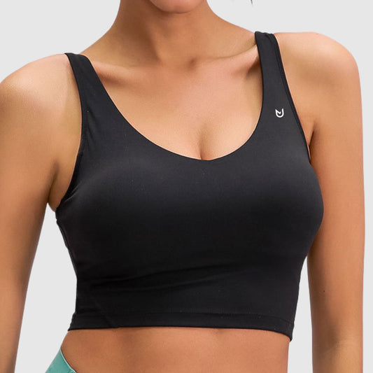 Front view of Active Fit Crop Top built-in sports bra showing sleek crop length and supportive fit
