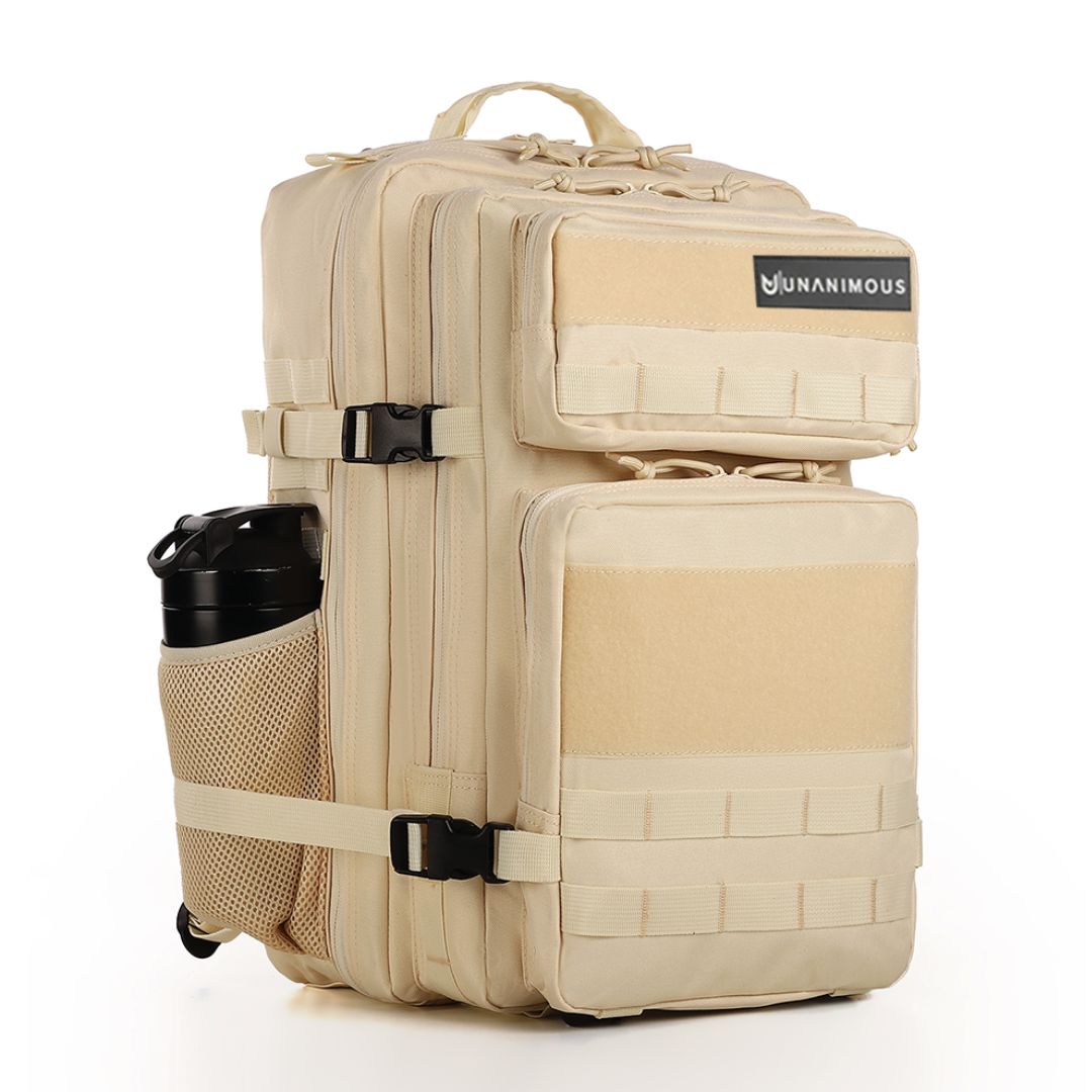 Tan Unanimouswear Tactical Backpack Premium Tactic 45L. Front view with water bottle pocket, compression straps & Velcro patch panels