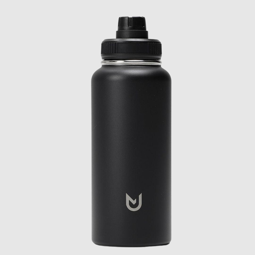 1000ml black matte stainless steel insulated bottle standing upright
