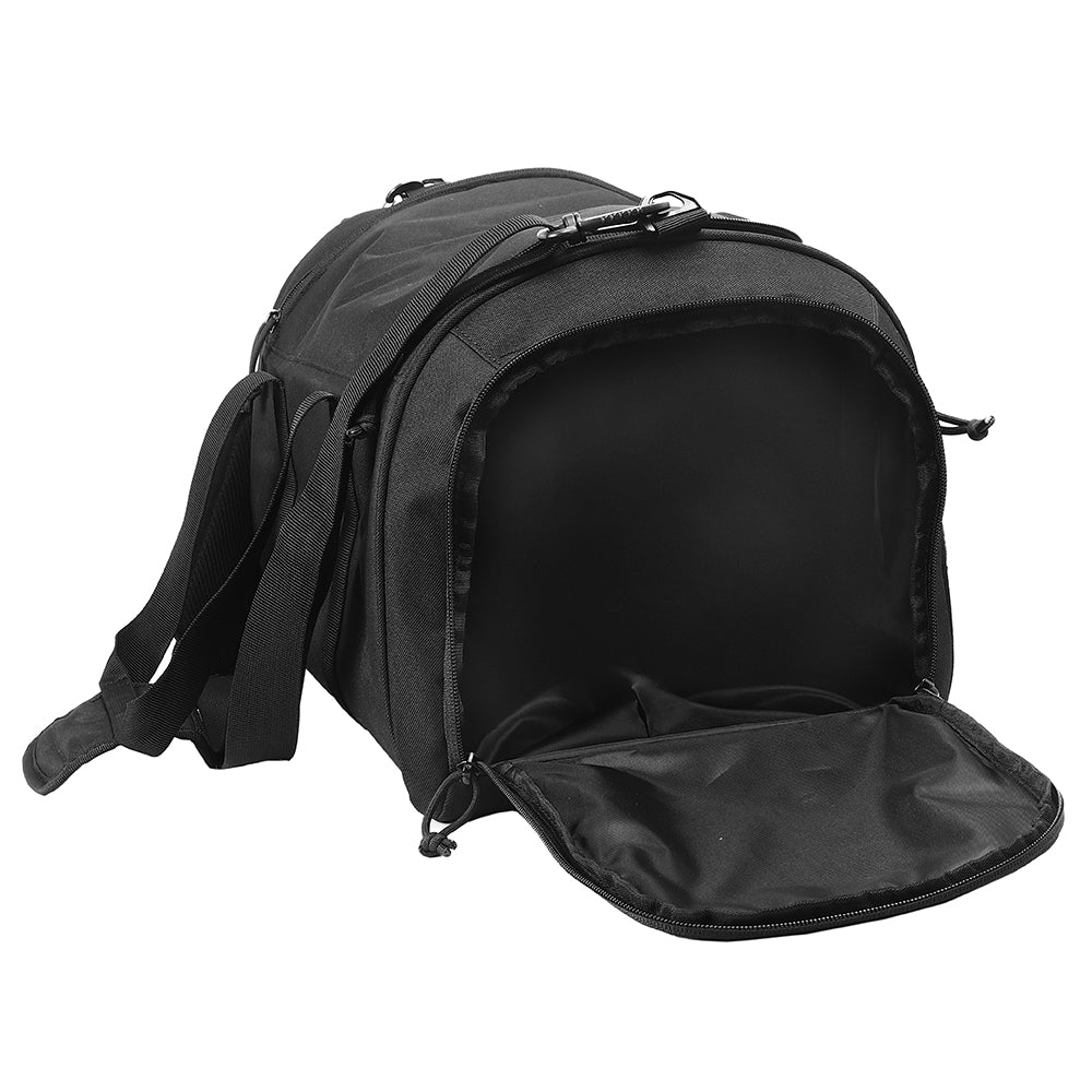 Angled front view of the black duffel bag highlighting carry handles.