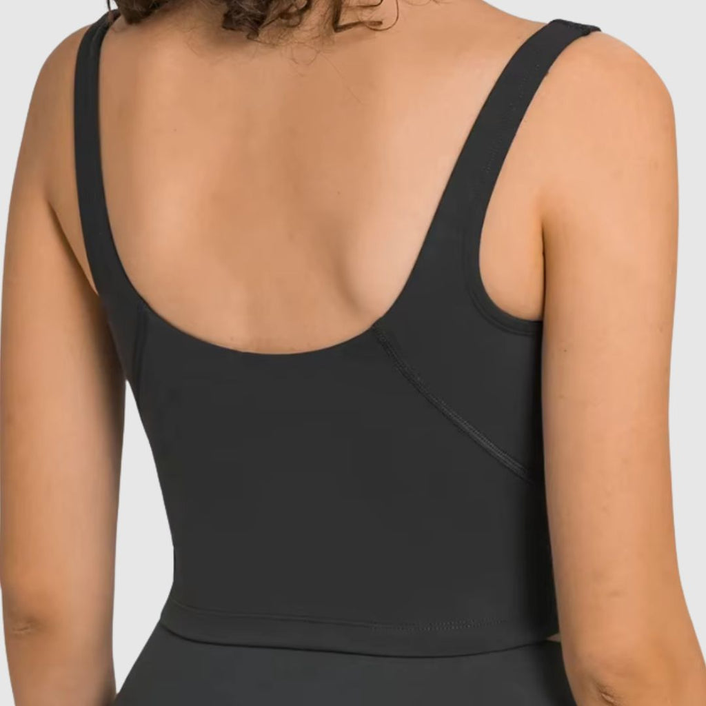 Back view of Active Fit Crop Top built-in sports bra black showing adjustable straps