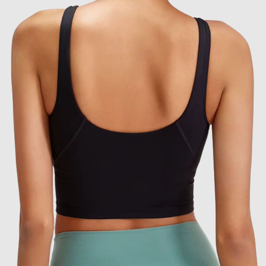 Back view of Active Fit Crop Top built-in sports bra black showing adjustable straps and racerback support