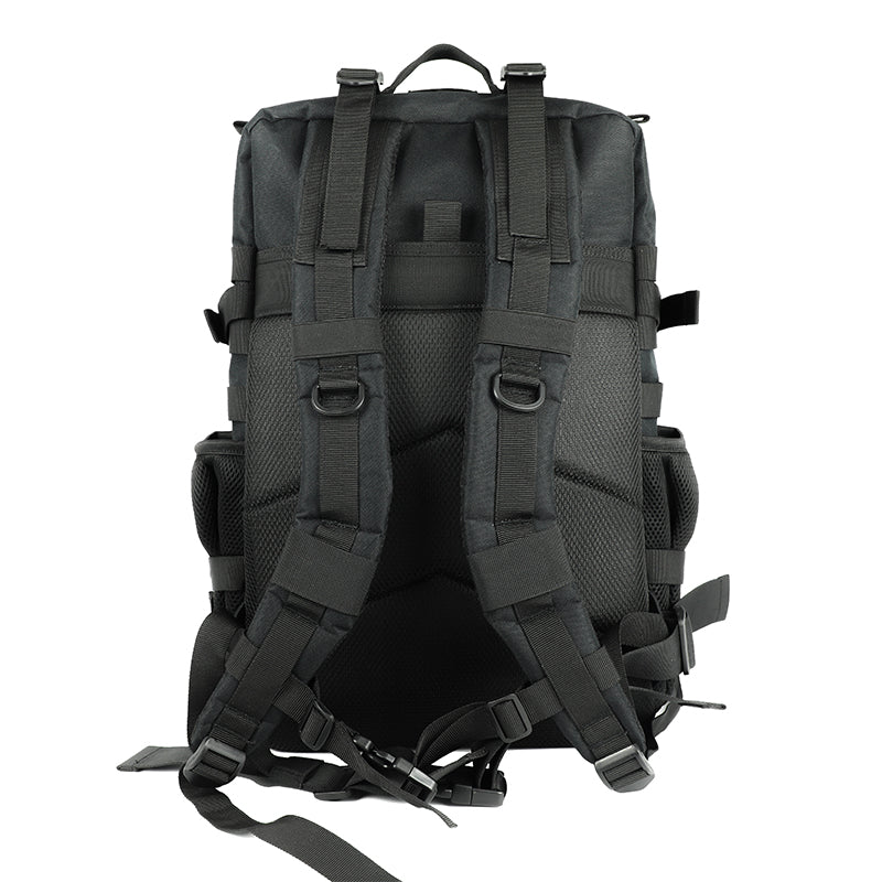 Back view of Backpack Premium Tactic 45L Black with breathable mesh back panel for comfort