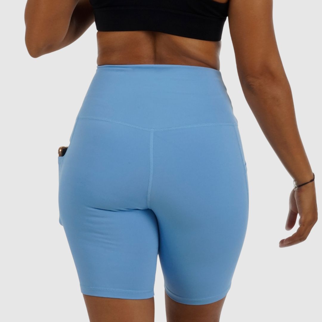 Back view of Cloud Blue Cycling Shorts showing streamlined fit and no front seam