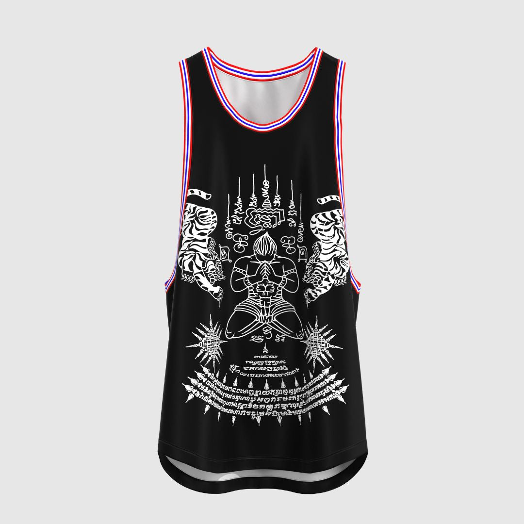 Back view of Men’s Thai Tattoo Muscle Shirt showing Muay Thai fighter tattoo design