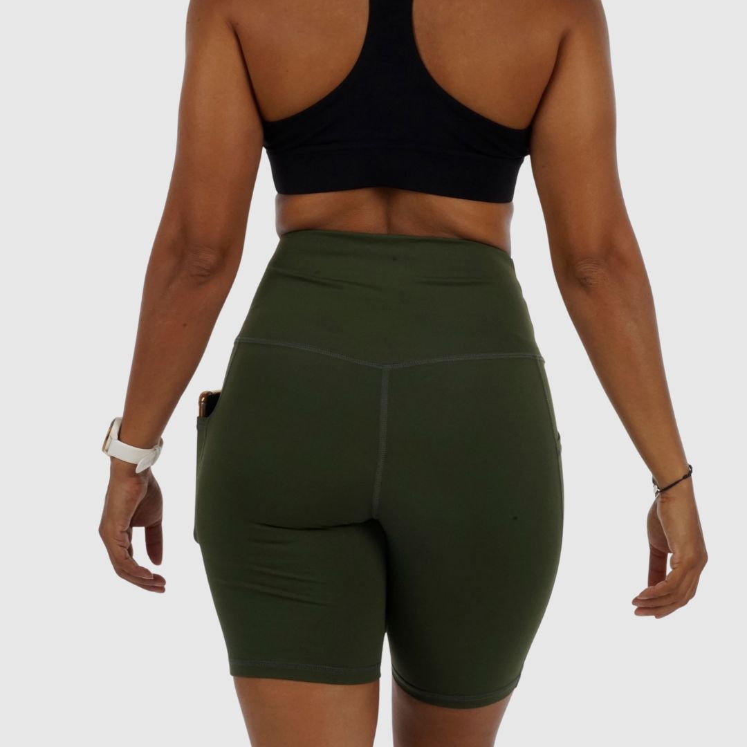 Back view of Olive Green Cycling Shorts showing streamlined fit and no front seam