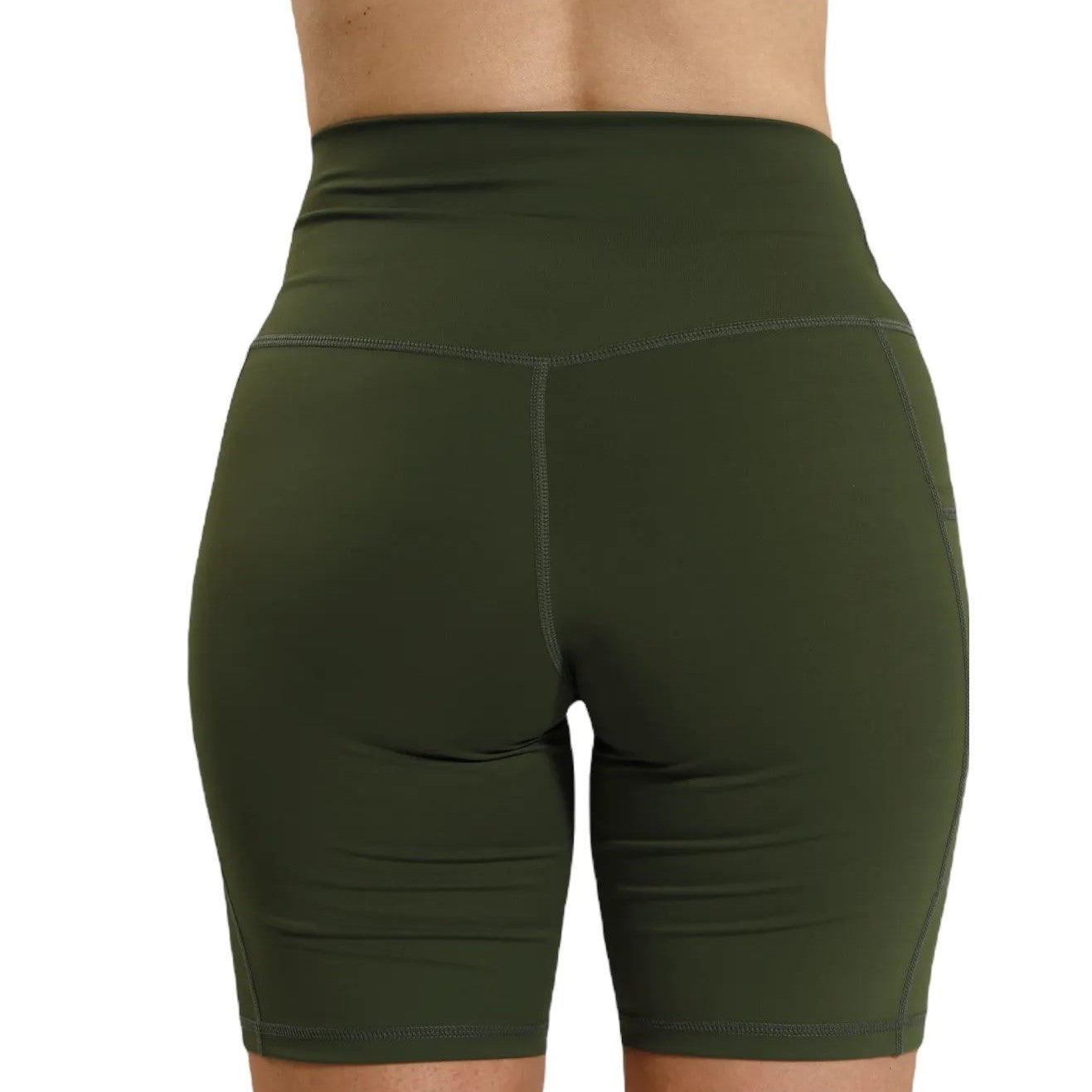 Back view of Olive Green shorts, confirming opaque and squat-proof material.