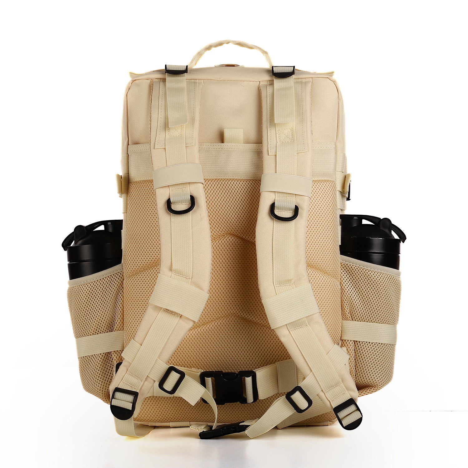 Back view of Tan Tactical 45L Backpack. Shows padded mesh backing, ergonomic shoulder straps, waist belt, and dual bottle pockets.