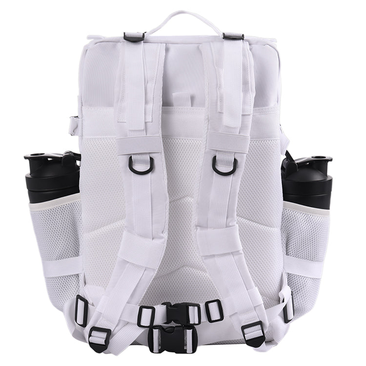 Back view of White Tactical 45L Backpack. Shows padded mesh back, ergonomic shoulder straps, waist belt, and dual bottle pockets