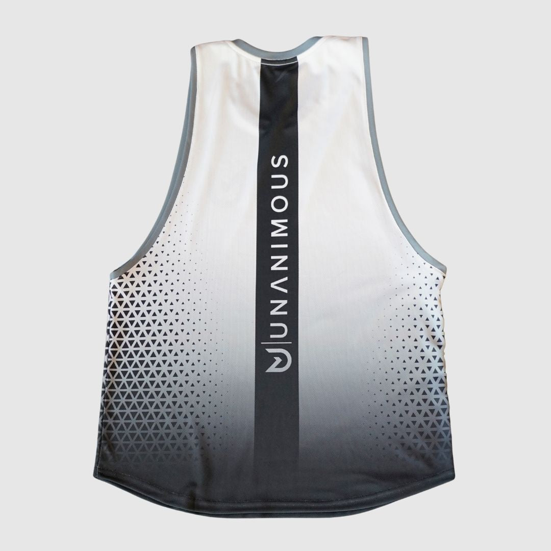 Back view of the black fade running singlet with bold center stripe.