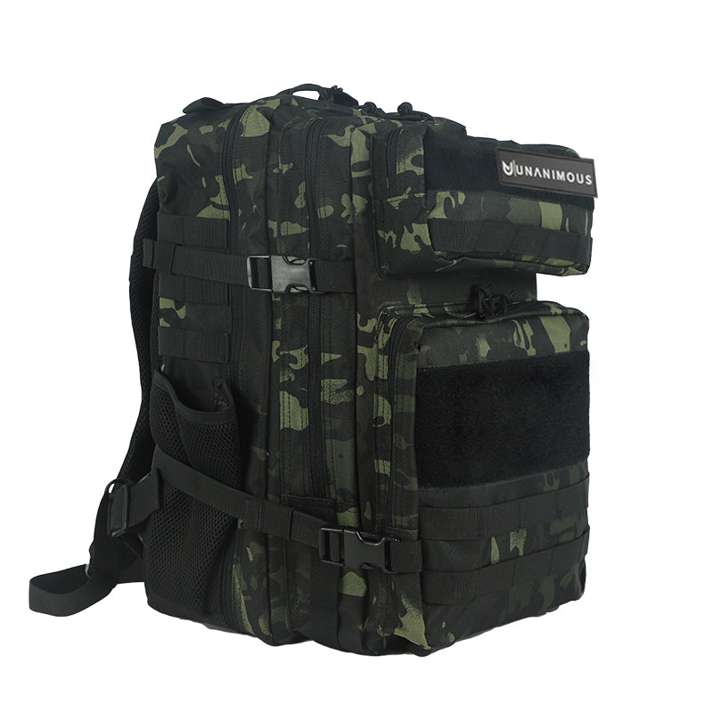 Black-Green Multicam Tactical Backpack Premium Tactic 45L. Military 45L carry-on bag with MOLLE webbing & patch panels