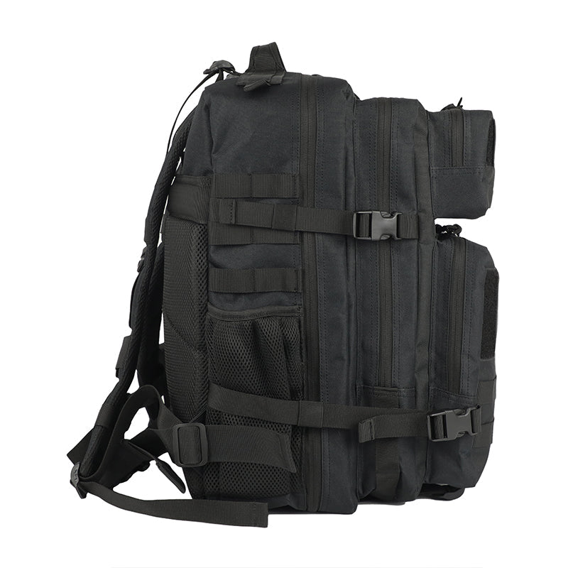 Black 45L Tactical Backpack side view. Shows adjustable compression straps, water bottle pocket, and MOLLE webbing for attachments