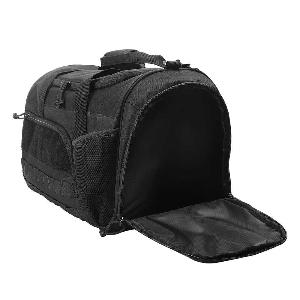 Black Backpack Premium Tactic 45L open shoe compartment. Shows side mesh pocket and ventilated storage for sneakers/gear.