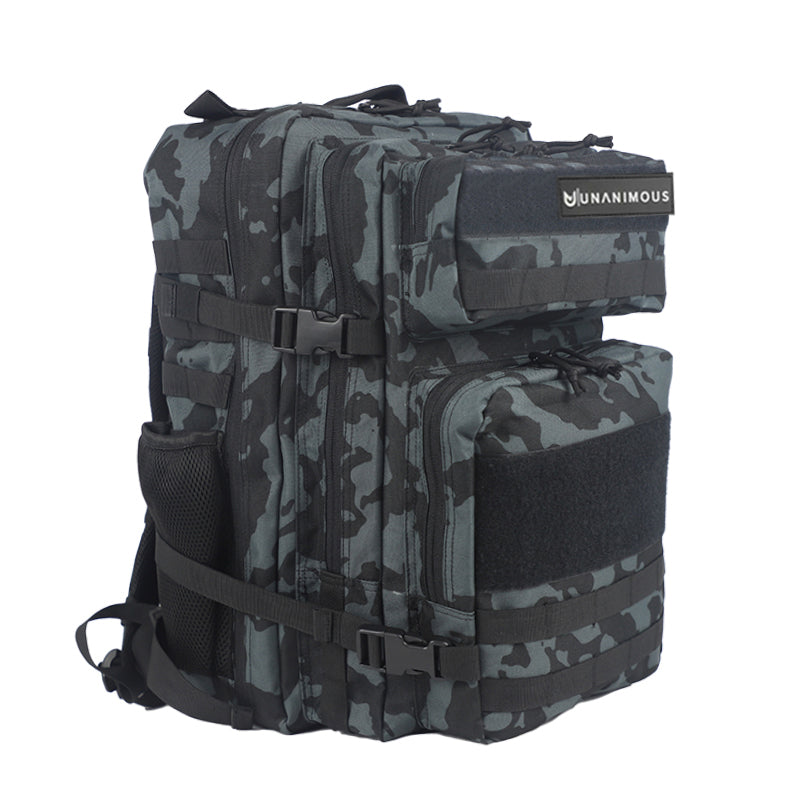 Black Camo Unanimouswear Tactical Backpack Premium Tactic 45L. Dark multicam pattern with external pockets & compression straps.