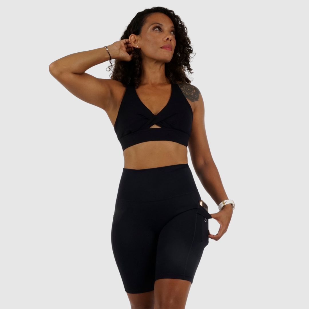 Black Cycling Shorts high‑waisted with side pockets and seamless front by UNANIMOUS