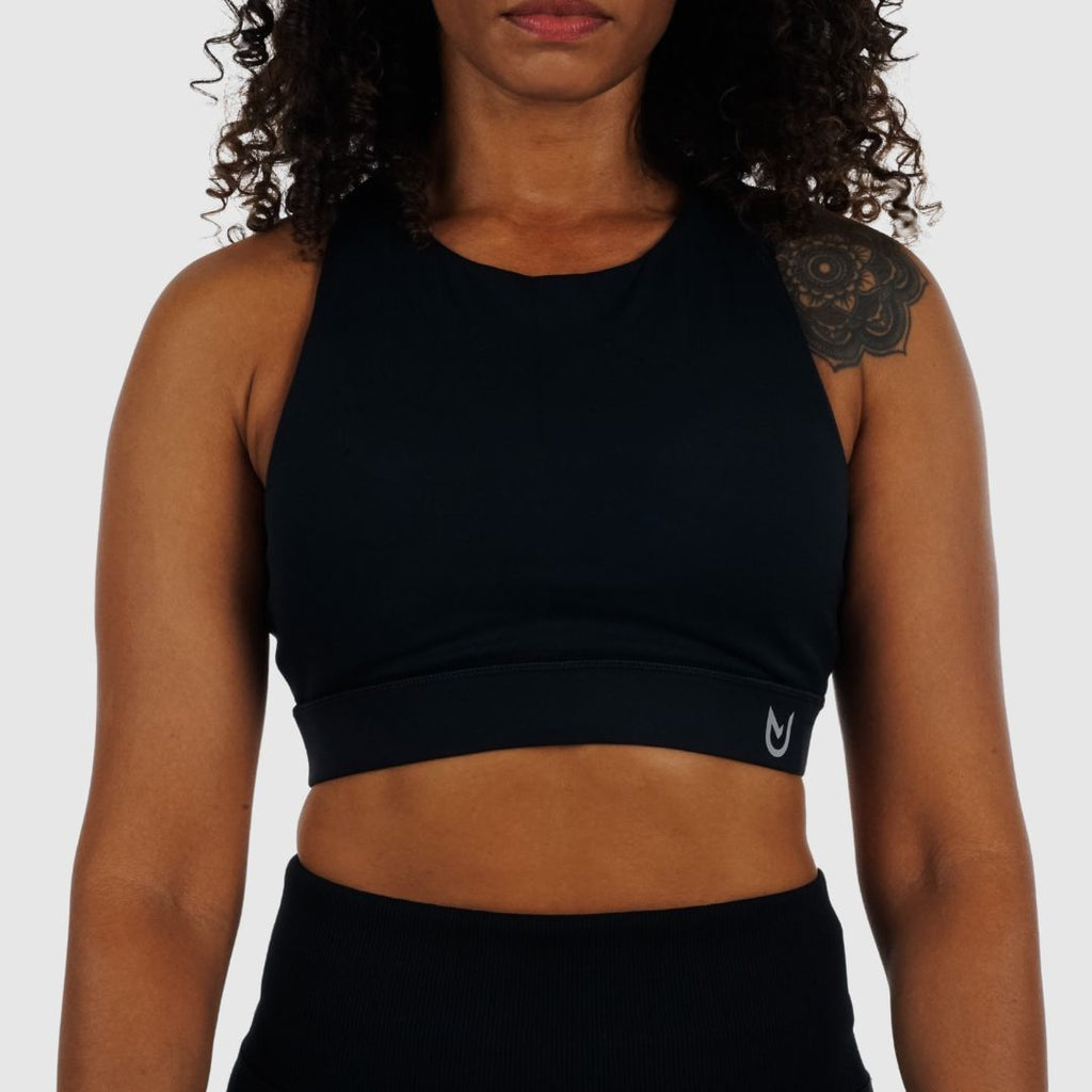 Black Racerback Sports Bra. High-support fitness top with wide underbust band, ideal for gym and training