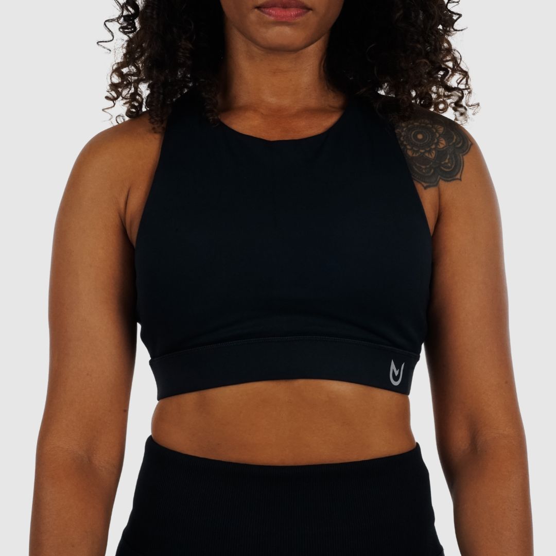 Black Racerback Sports Bra. High-support fitness top with wide underbust band, ideal for gym and training