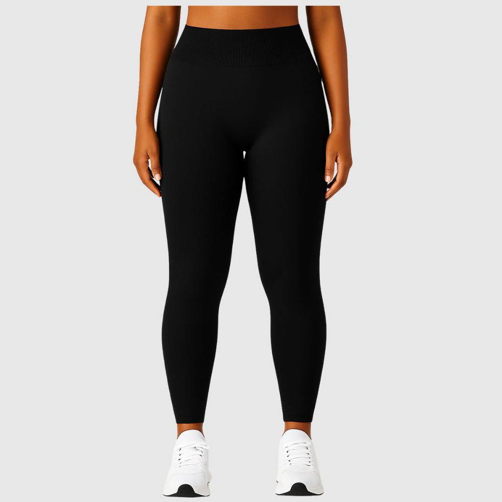 Black Scrunch Leggings, full length view, ideal for gym and leisure wear.
