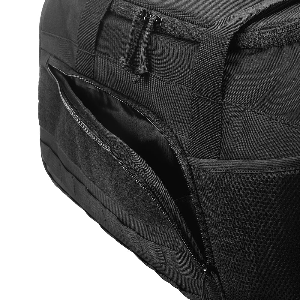 Close-up of Black Tactical Gym Duffel Bag. Shows zippered side pocket, carry handle, and mesh water bottle holder