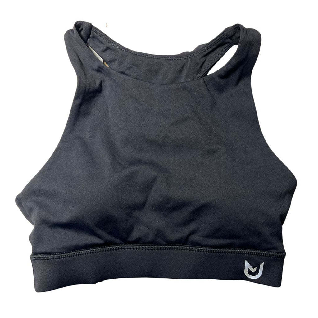 Black Sports Bra Racerback. High-support fitness bra with wide underbust band, racerback straps, and moisture-wicking fabric.