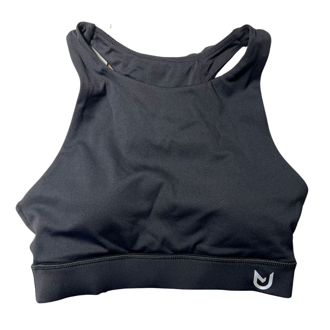 Black Sports Bra Racerback. High-support fitness bra with wide underbust band, racerback straps, and moisture-wicking fabric.