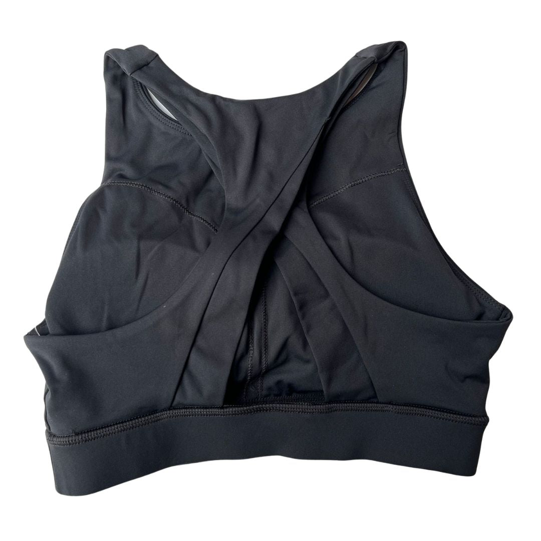 Black Sports Bra Racerback, back view. Shows supportive wide crossover straps, wide underband, and breathable design