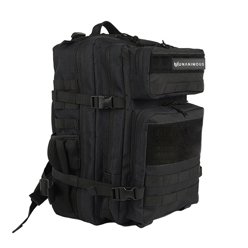 Black Tactic 25L gym bag showing Molle webbing and Velcro panel.
