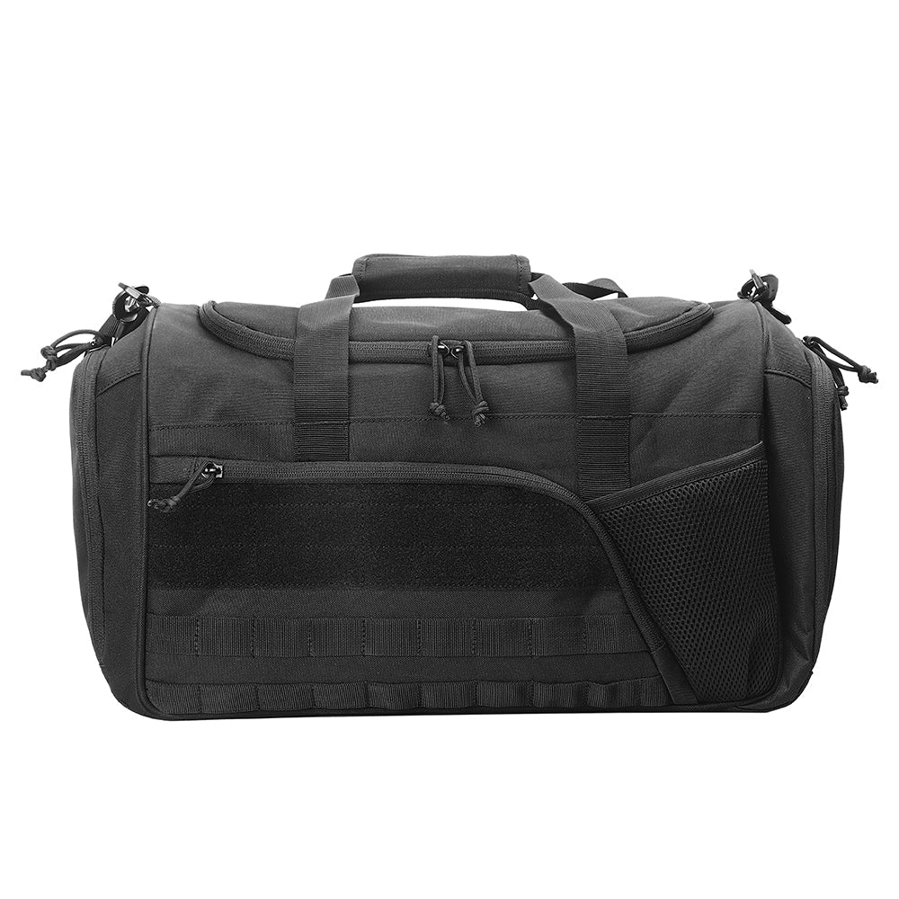 Black Tactical Gym Duffel Bag. Front view showing main zipper, large Velcro patch panel, mesh pocket, and MOLLE webbing.