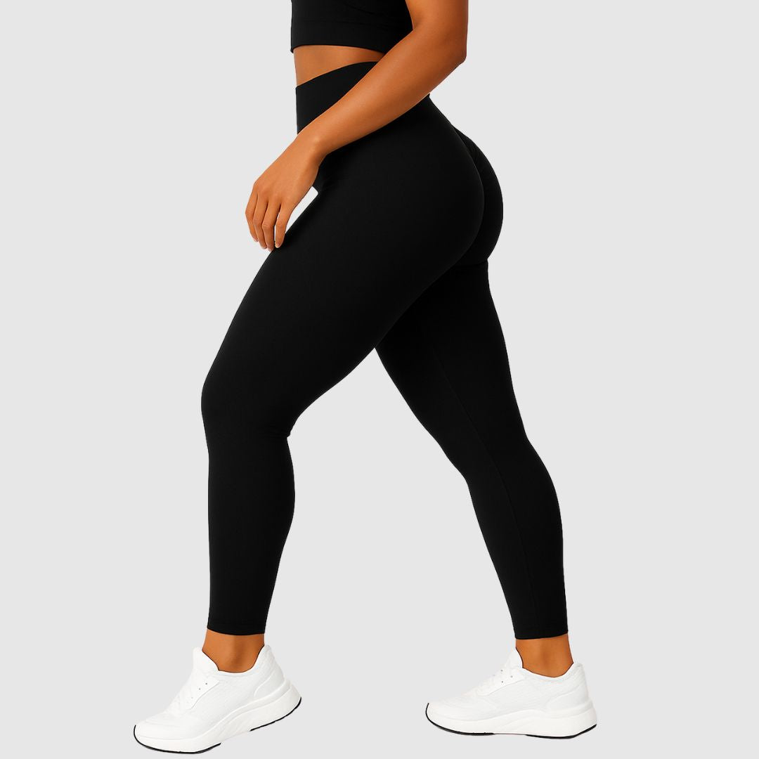 Black Vibe Scrunch Leggings, breathable and squat-proof material for workouts.