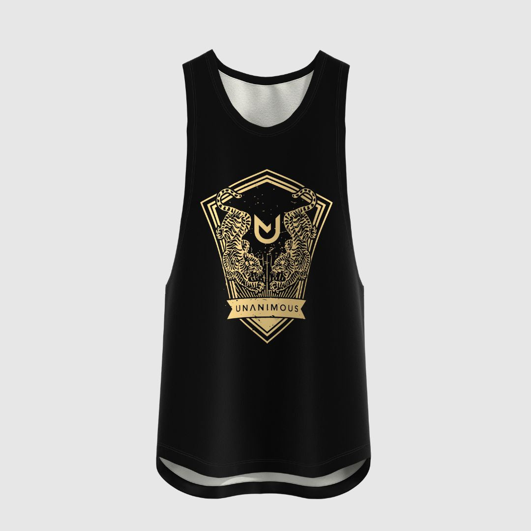 Black muscle shirt shown from side angle, deep armholes visible, gold tiger design clear