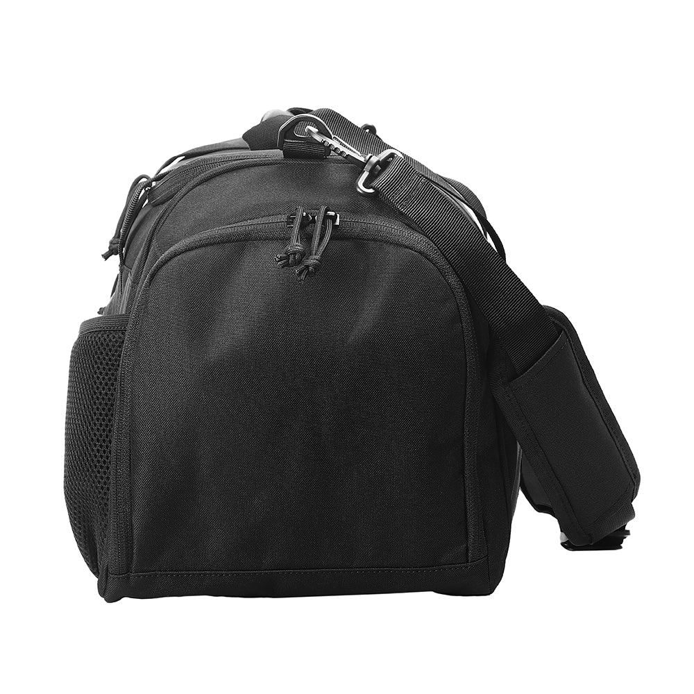 Black sports bag carried on the shoulder, showcasing adjustable straps.