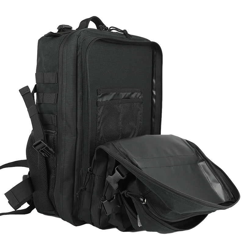 Black tactical pack emphasizing rugged style and 25-liter capacity.