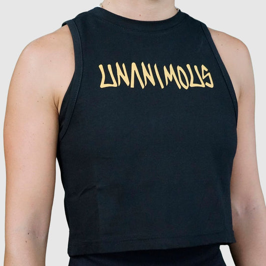 Black women's crop tank with striking gold metallic graffiti design.