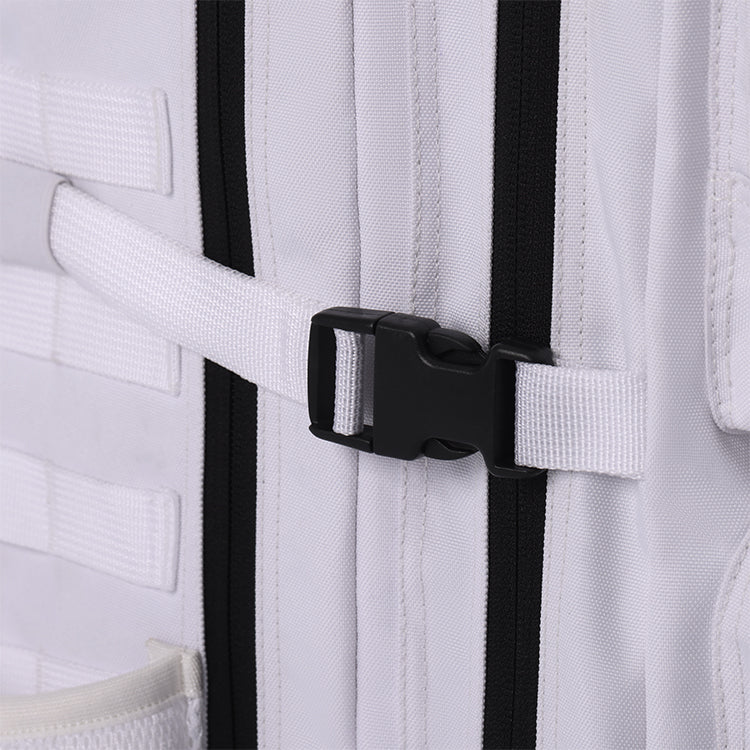 Close-up detail of the White Tactical 45L Backpack. Shows durable white webbing and black buckle on the compression straps