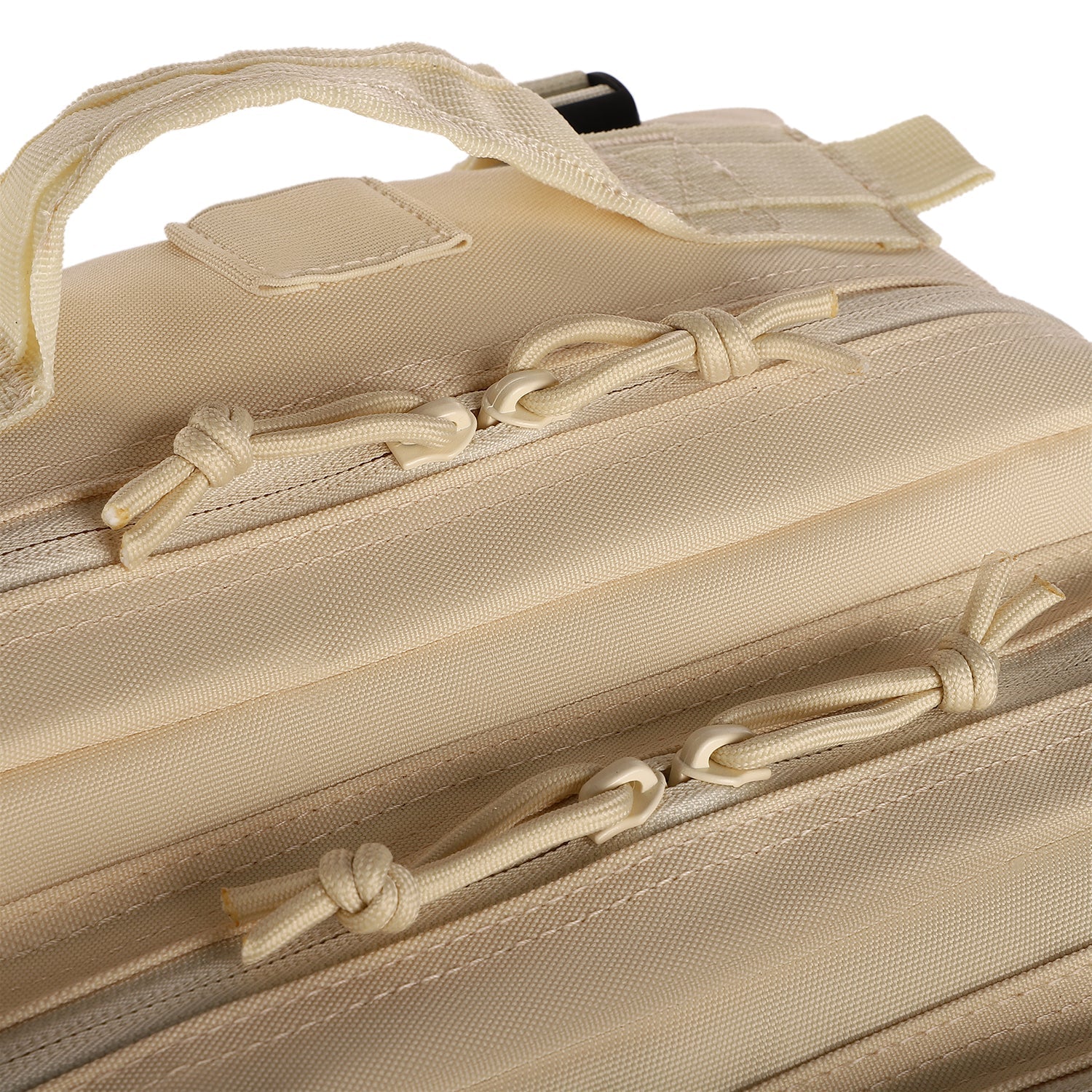 Backpack Premium Tactic 45L, durable and spacious, padded straps, multiple compartments, ideal for travel, gym, and outdoor usClose-up of Tan Tactical 45L Backpack zippers. Shows the durable material, top handle, and knotted pulls on the main compartments.e.