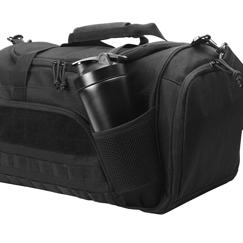 Close-up of the exterior water bottle pocket on the durable black sport bag.