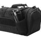 Close-up of the exterior water bottle pocket on the durable black sport bag.