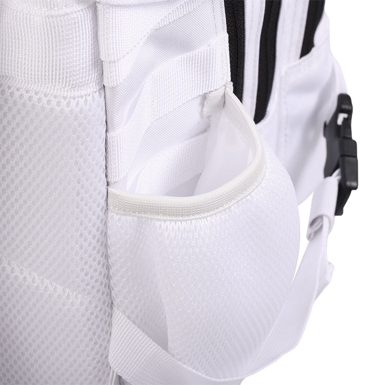 Close-up on the white backpack's side pocket and quick-access opening.