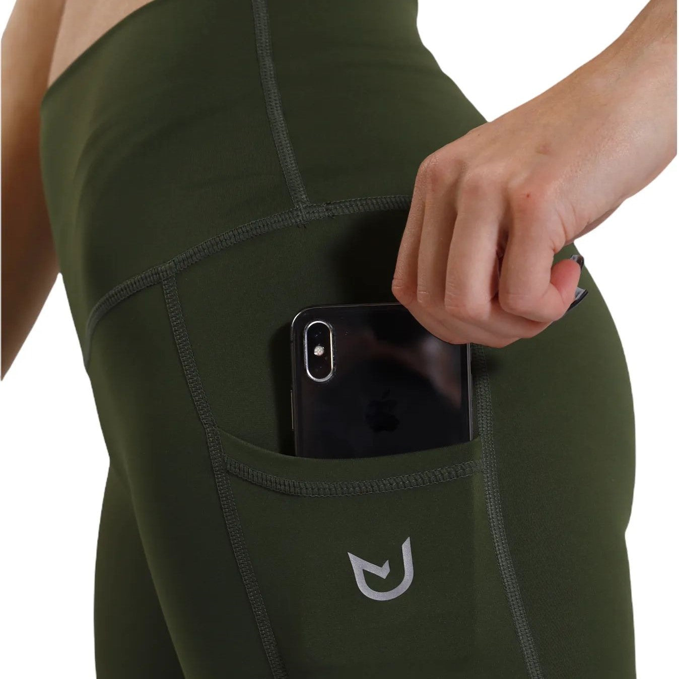 Close-up showing smartphone in the deep, convenient side pocket.