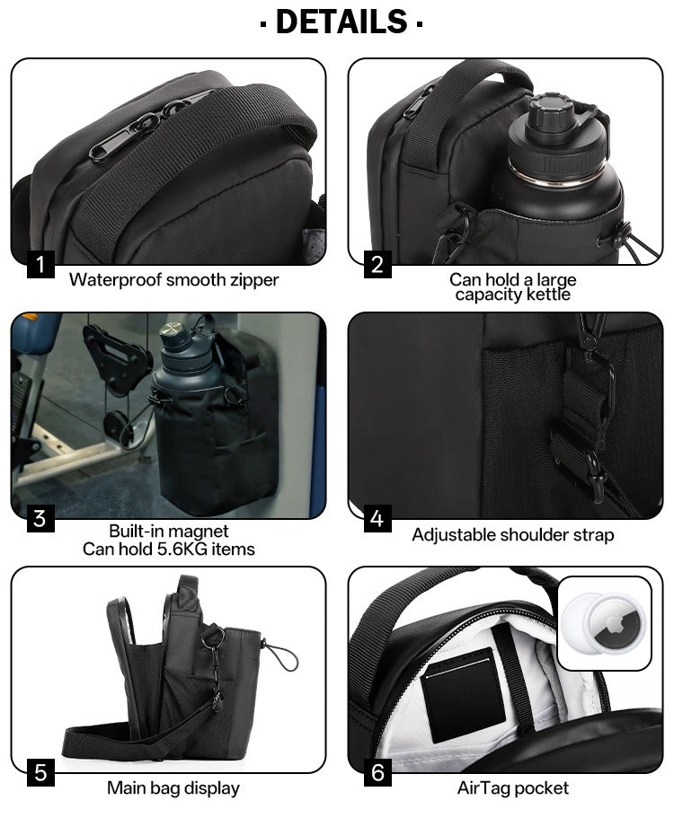 Close-up showing the strong magnetic back attaching the gymbag to a workout machine.