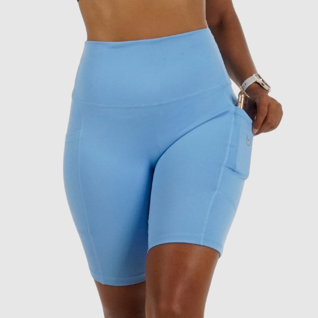 Cloud Blue Cycling Shorts high‑waisted style with side pockets for phone & keys