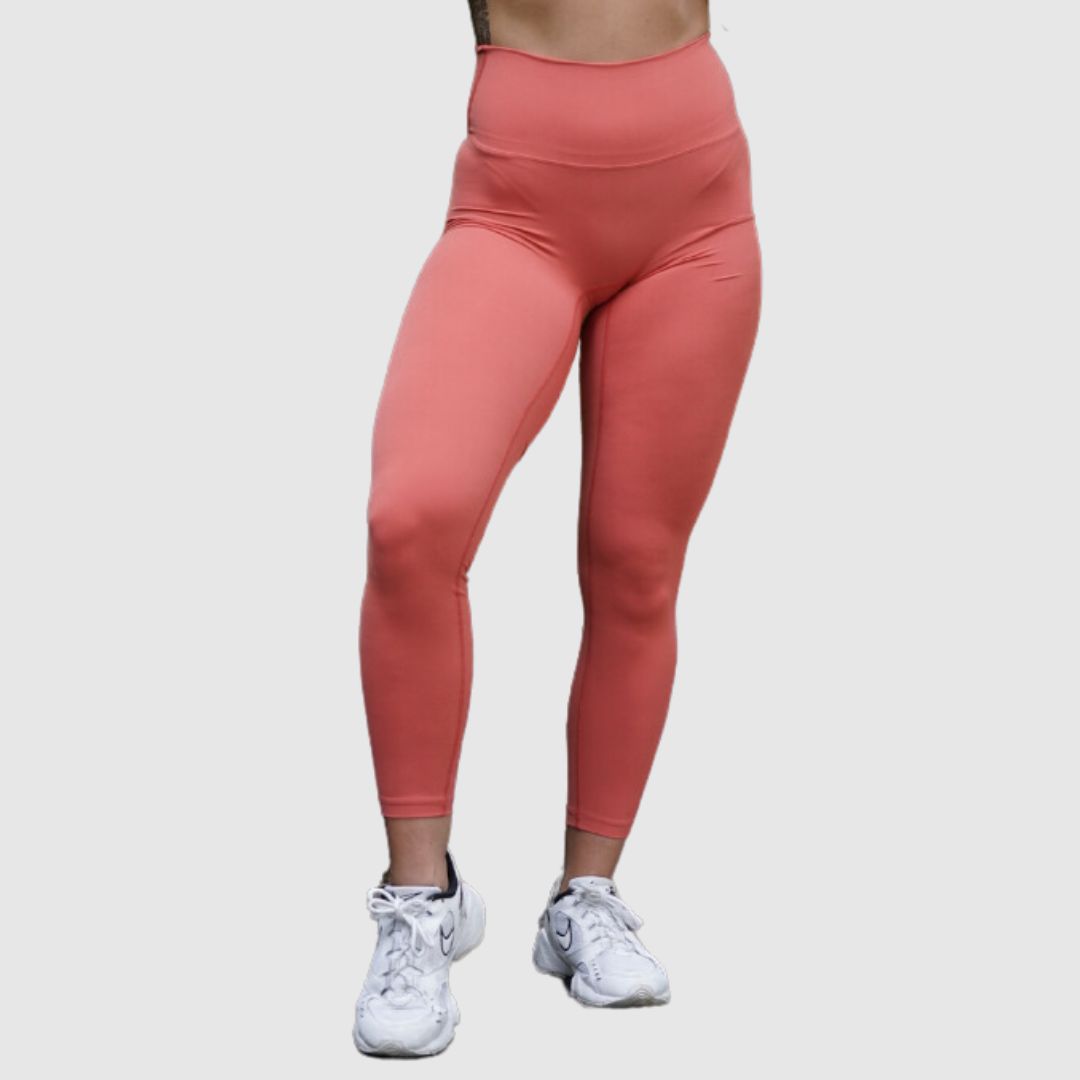 Coral-Red Movement No Front Seam Leggings – Rear view laid flat