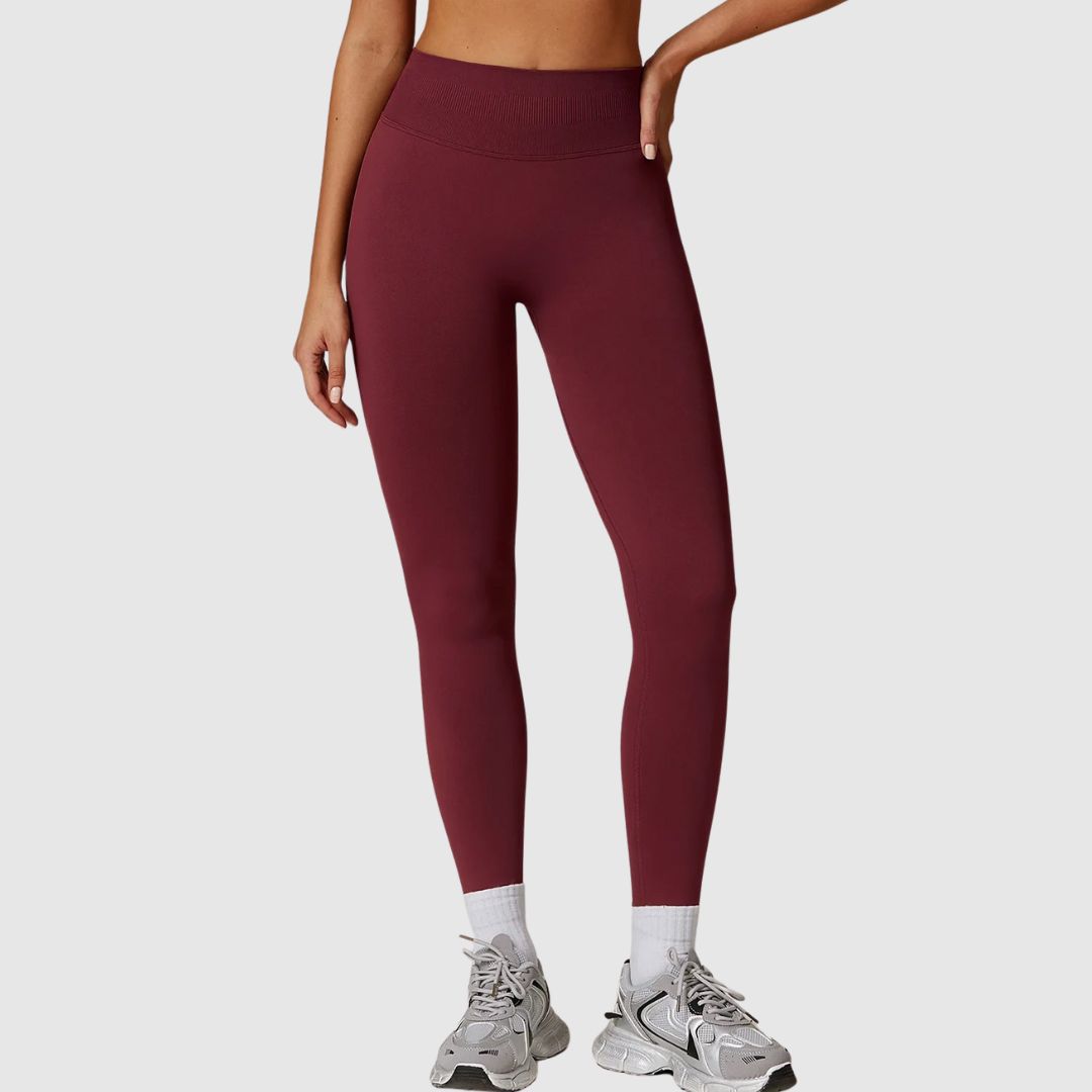 Dark Red Vibe Scrunch Leggings, showing the glute-shaping ruched seam.