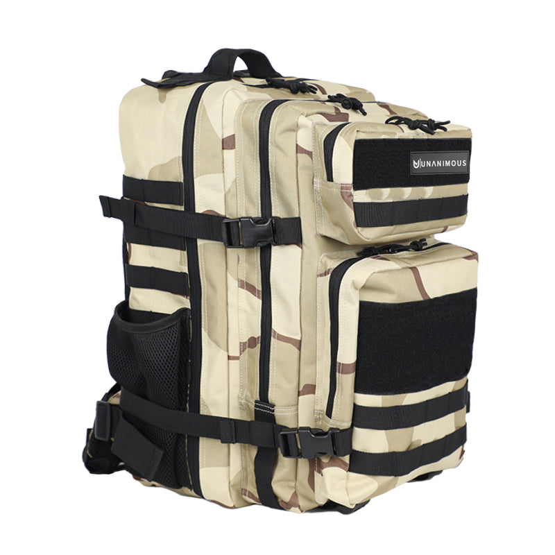 Desert Camo Unanimouswear Tactical Backpack Premium Tactic 45L. Military pattern bag with black straps and MOLLE webbing