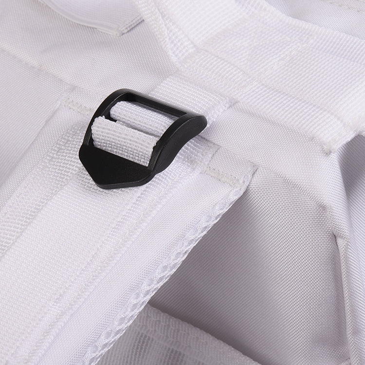 Detail of the durable plastic buckle and strap adjustment on the white tactical bag.