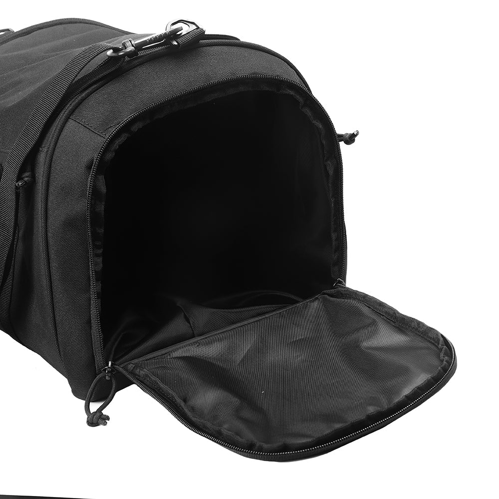 Diagonal view of the black travel sports bag with all compartments closed.