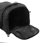 Diagonal view of the black travel sports bag with all compartments closed.