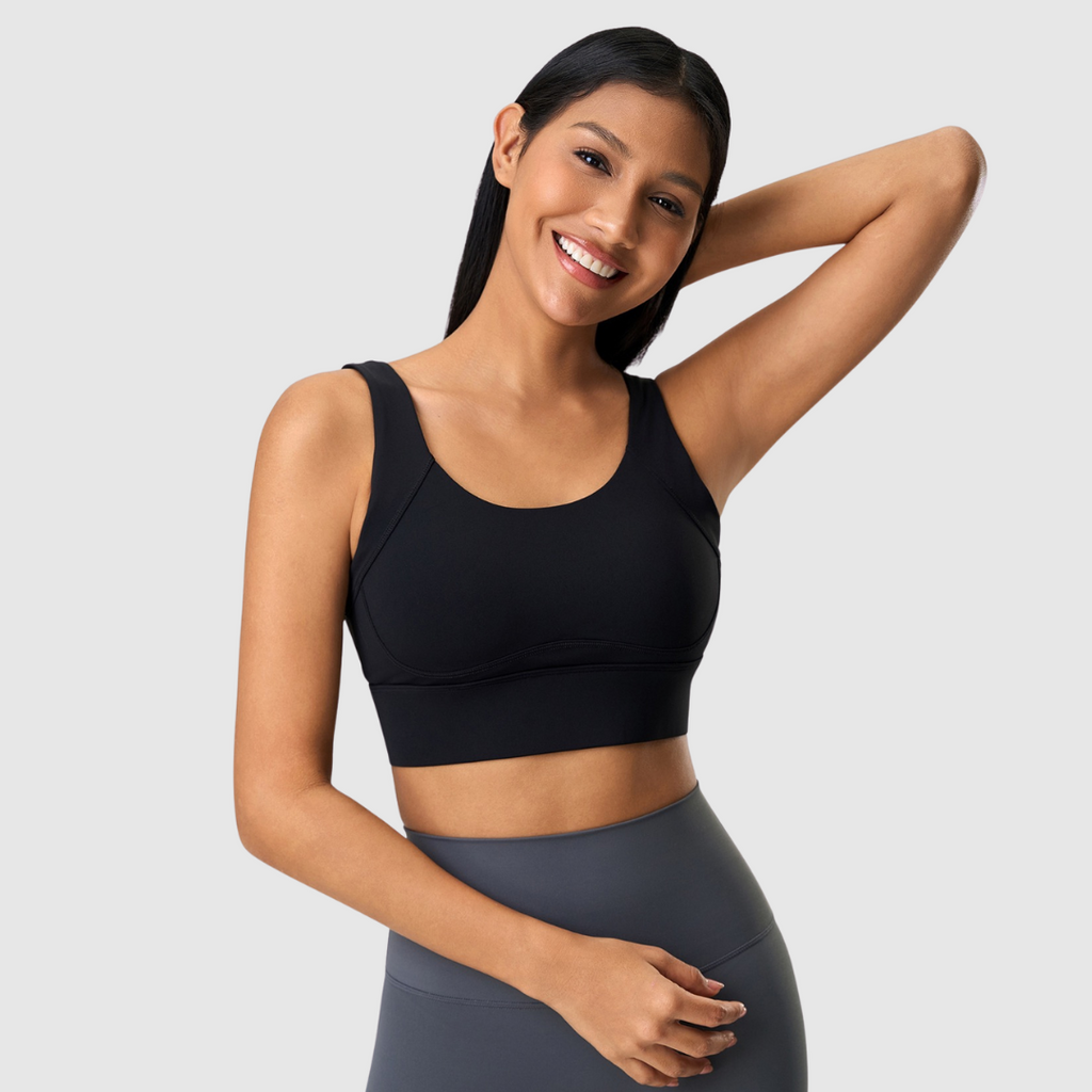 FlexFit Support Sports Bra black with adjustable back closure for high impact workouts