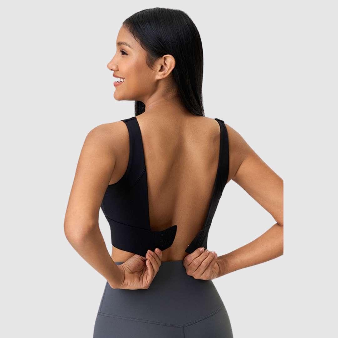 FlexFit Support Sports Bra side view showing shape-retaining cups and sleek fit